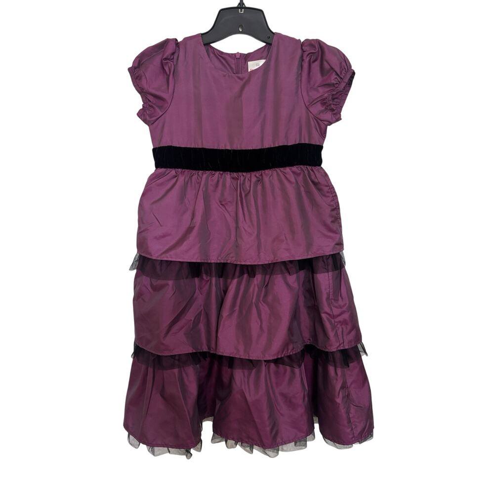 Hanna Andersson Tiered Taffeta Party Dress Purple Black Tulle Size 140 10